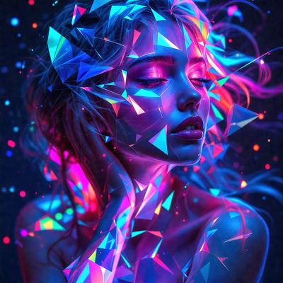 The primary subject of the image is a woman with long hair, who is the main focus of the scene. She is wearing a colorful dress and has a pink lipstick on. The setting is a dark room with a purple background, which adds to the overall mood of the image. The visual style of the image is a combination of digital art and illustration, creating a unique and vibrant appearance. The colors and mood of the image are predominantly purple and pink, giving it a dream